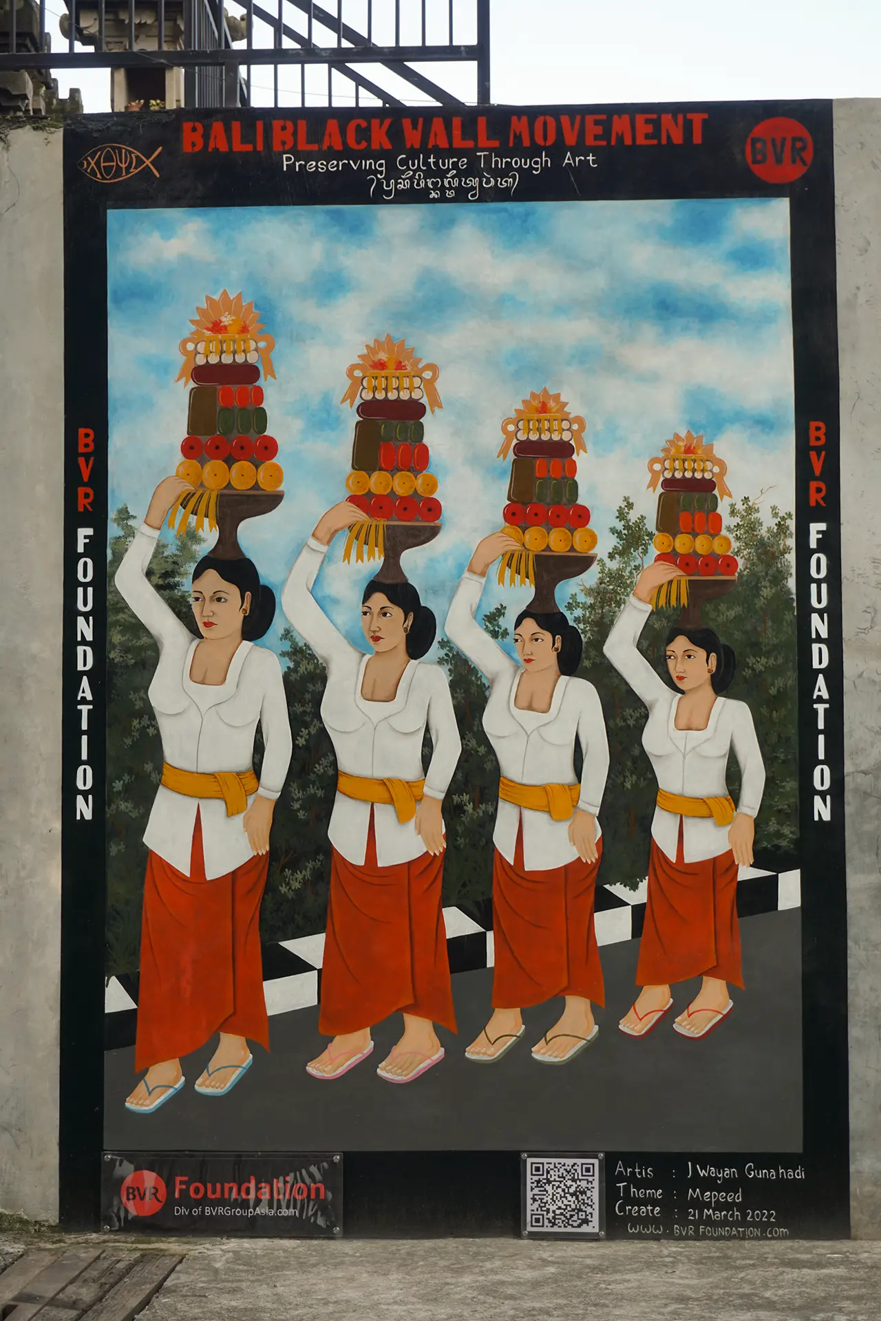 BVR Foundation cultural-preservation poster depicting four women carrying ceremonial offerings.